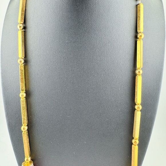 Vintage Lucite Gold Tone Pink Beaded Statement Necklace Geometric Bar Retro - Picture 8 of 13